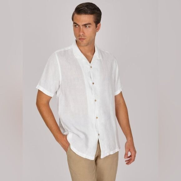 ORIGEN CAMICIA FERSEN BIANCO White Short Sleeve Button Up 100% Linen - Picture 2 of 5